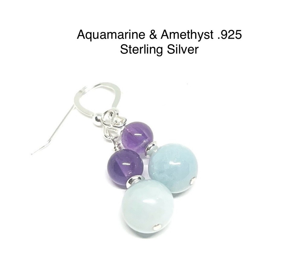 Aquamarine & Amethyst Genuine Stone .925 Sterling Silver Earrings