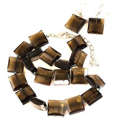 Hand-knotted Smoky Cushion Shaped Crystal Necklace Earring Silver Clasp 17-19″