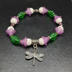 Artisan Floral Beaded Bracelet Tibetan Silver Dragonfly Charm Diffuser Feminine
