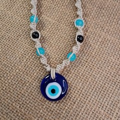 Natural Hemp Necklace w/ Evil Eye Charm & Beads, 18-23 inch Ready to Ship