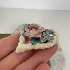 Handmade CERAMIC HEART ROSE Flower Forget Me Nots 3D Pottery Vtg Artisan Brooch