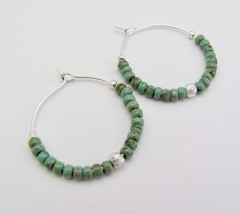 Turquoise Glass Hoop Earrings Silver Plated Beaded Boho Urban Earrings