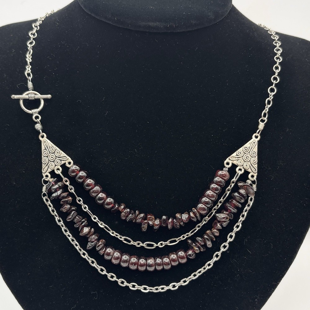 Artisan Garnet Bead Necklace Dark Red Stone Beads Silver Tone Multi Chain Tribal