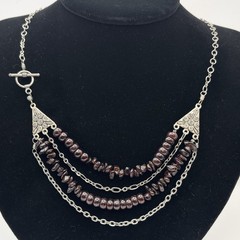 Artisan Garnet Bead Necklace Dark Red Stone Beads Silver Tone Multi Chain Tribal