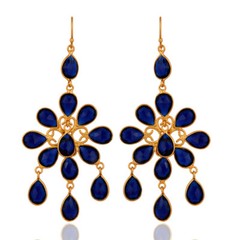 Blue Corundum Gemstone Gold Plated 925 Silver Chandelier Wedding Earrings