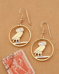 Owl Earrings (Greece)14 K Gold and Rhodium Plated, 7/8″ in Diameter, ( # 143E )
