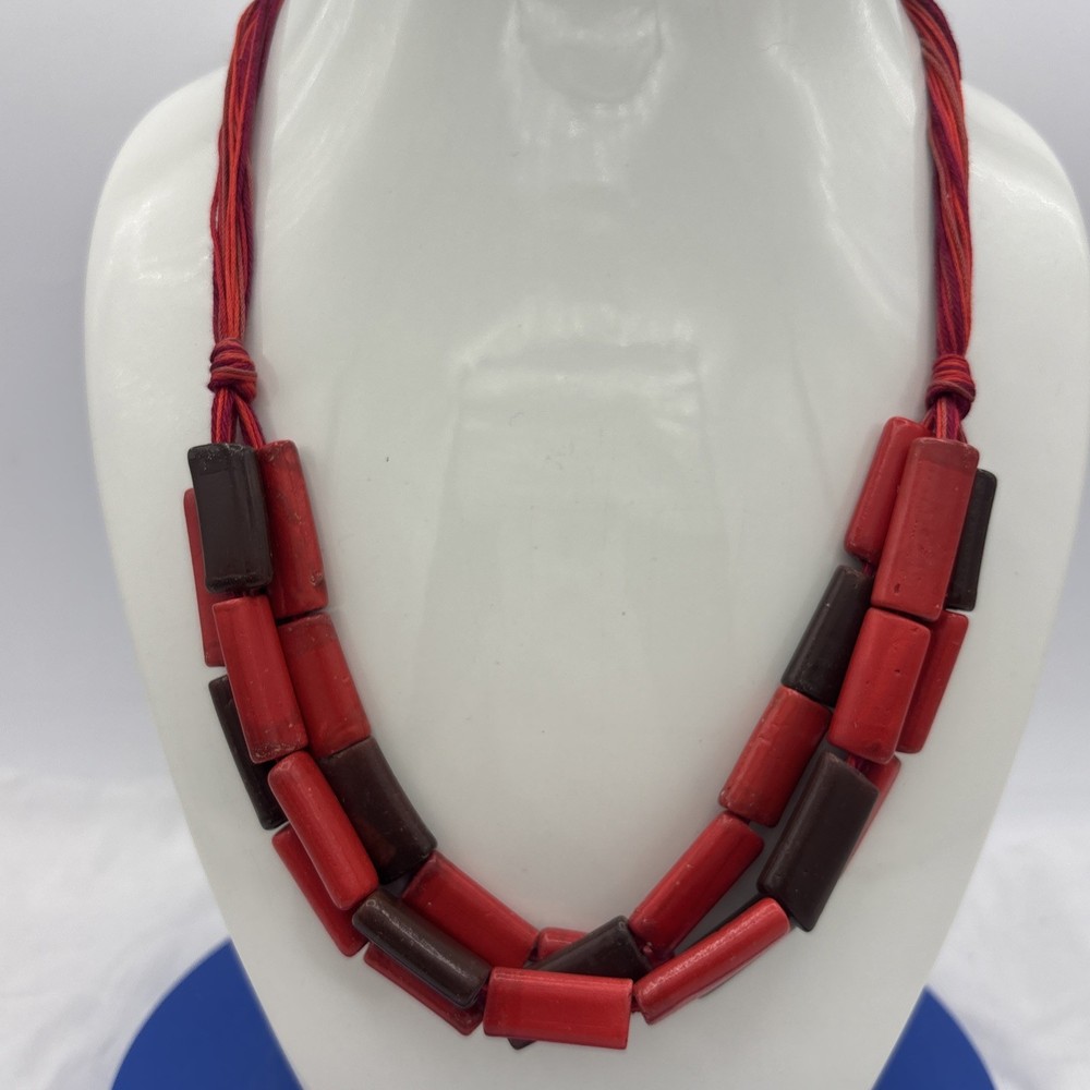 Boho Adjustable Cord Necklace Red Brown Resin Tube Beads Artisan Statement 22”