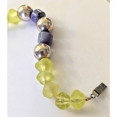 Sterling Silver Lavender Jade & Antique Lemon Jonquil Glass Beaded Bracelet 8.25
