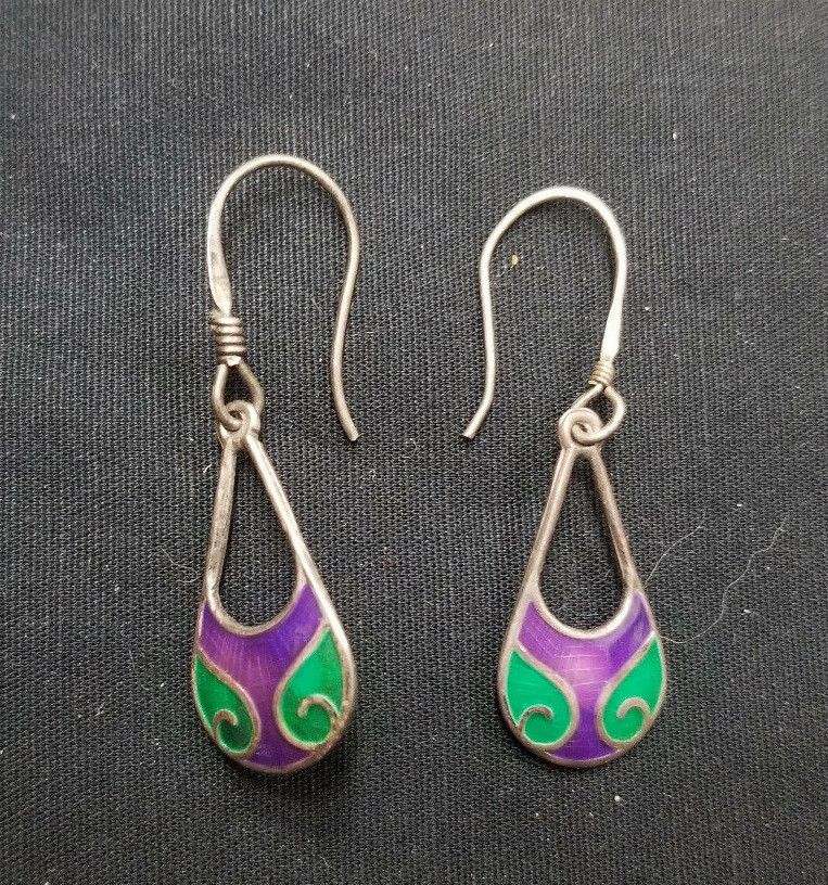 Vintage 925 Taxco Mexico Enamel Earrings Signed TR-60