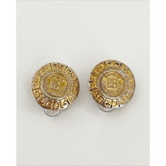 GIVENCHY Coin Logo Embossed Gold Plated Clip On Earrings Greek Key Border 1980s