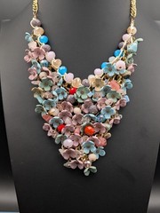 Artisan Clay Flower Glass Bead Statement Necklace Gold Tone Bib Chunky 145g READ