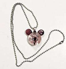 Purple Art Glass Pendant Necklace Teddy Bear w/Flower Inside Beadball Chain READ