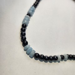 Black Sardonyx Agate 2.5″ Cross 18″ Necklace Hematite Blue Chrysocola 18KT GP