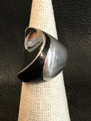 Abstract Modern Artisan Sterling Silver Black Onyx Inlay Ring Signed w/Mark Sz-6