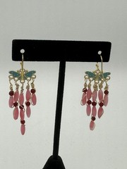 14k Yellow Gold Plated,Teal Butterfly, Pink/RedCoral, Dangle/Chandelier Earrings