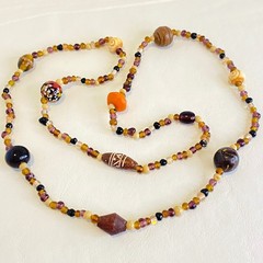 Long Beaded Necklace Vintage Glass Wood Mixed Earthy Tones Boho Artisan 36″