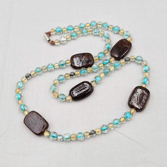 Artisan Brown Yellow Blue Glass Bead Necklace 28 in