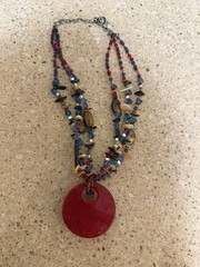 Art Glass Round Pendant Millefori Red White Blue Stones Abalone Chips Boho