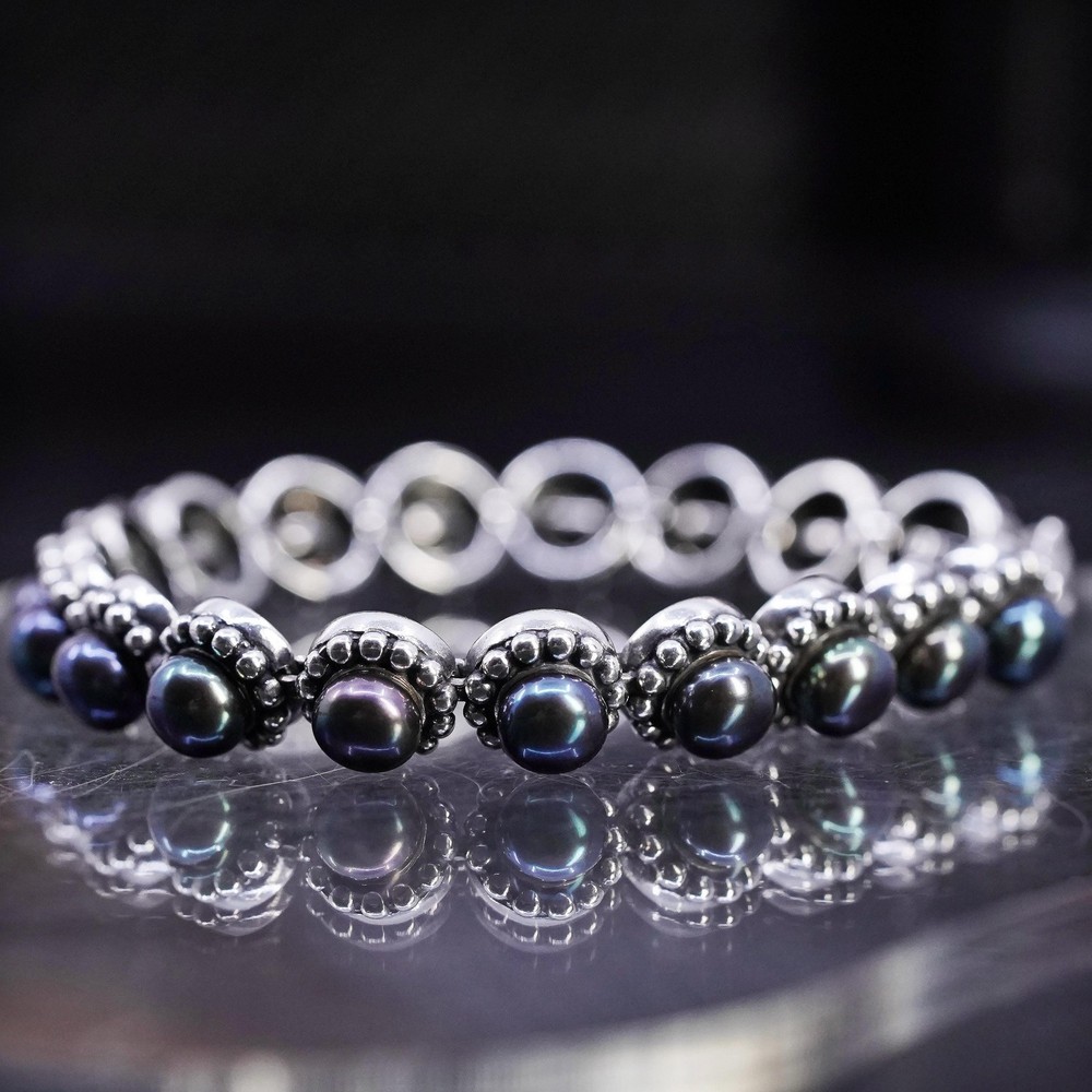 7.5”, vintage Horona sterling silver 925 tennis bracelet with black pearl beads