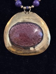 Vintage Artisan 8mm Beaded Charoite Necklace w/ Brass Glass Pendant Handmade 30”