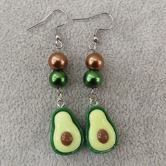 GREEN AVOCADO Dangle Earrings Charm Brown Czech Glass Silver Tone Food Gift New