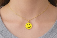14k SOLID Gold Happy Smile Face Pendant Personalized Necklace, Engrave Text Word