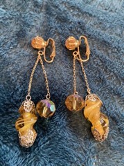 VTG Clip-On Earrings Blown Glass Yellow Gold Art Dangle Rhinestone Unique