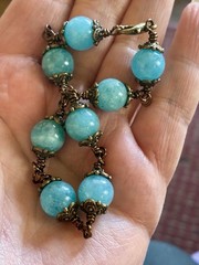 Blue Quartz , Wire Wrapped Stone Bracelet In bronze with Antiqued Spacer Beads