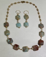 SNAKESKIN JASPER & PEARL ARTISAN NECKLACE EARRING SET LOBSTER CLASP 18 INCHES