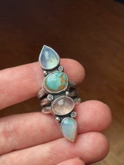 Artisan Silversmith Multi-stone Long Crawler Ring Opal Turquoise Tourmaline Sz 7