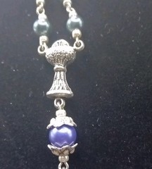 Unique Handmade Rosary-Teal/Blue Faux Pearls & Silver Tone- 32″ With 5″ Drop