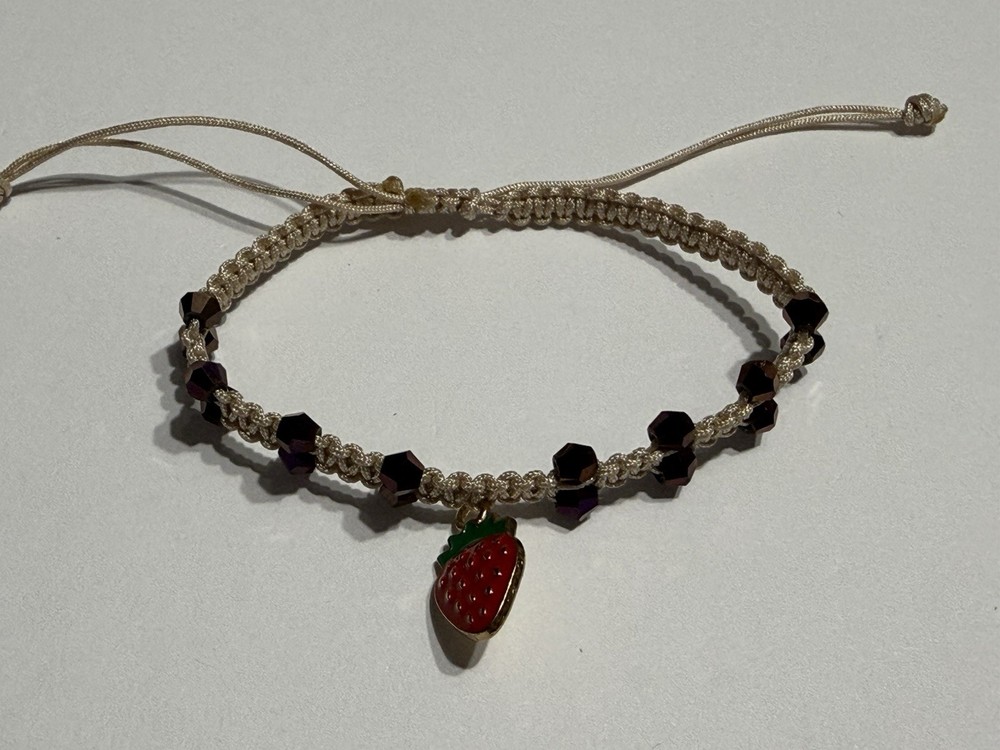 Handmade Adjustable Beaded Braided Bracelet, Strawberry Charm, Tie, Purple Beig…