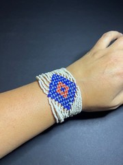 Vintage Handmade Blue, Ivory & Orange Indigenous Tribal Seed Beaded Bracelet