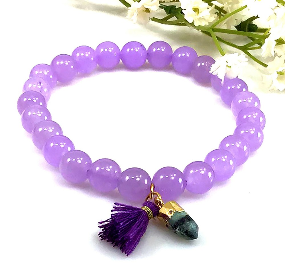 Purple jade bracelet with ruby zoisite charm 8mm healing gemstone for women