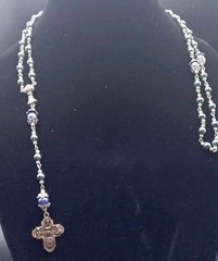 Unique Handmade Rosary-Teal/Blue Faux Pearls & Silver Tone- 32″ With 5″ Drop