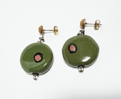 Handpainted Green Olive Earrings Art Glass Pierced Dangle Earrings 1 1/4 In