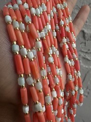 Bohemian Pink Coral Light Blue Mother of Pearl Layering Necklace Gold Plated