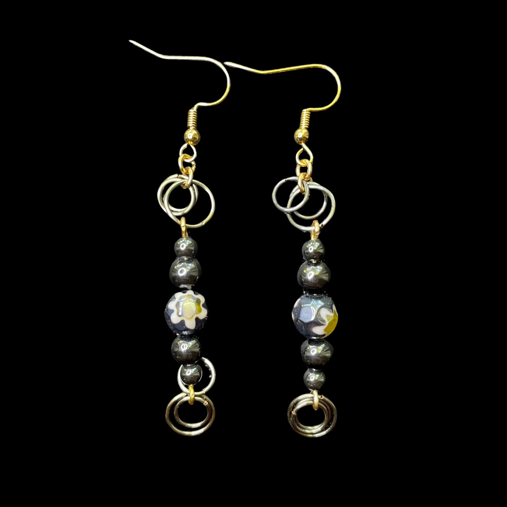 Gray & Gold Tone Chainmaille Earrings w/Floral & Metallic Beads, 2.75 in.