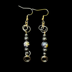 Gray & Gold Tone Chainmaille Earrings w/Floral & Metallic Beads, 2.75 in.