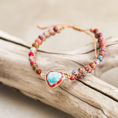 Natural Heart Charm Imperial Jasper Beads Braided Healing Boho String Bracelet