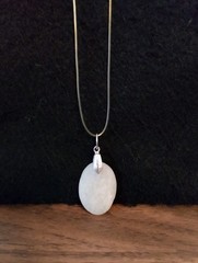 White Sea Glass w/ Silver Specks Stone on Clear Nylon Necklace w/ Silver Closure
