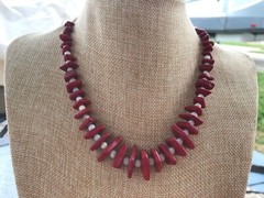 Handmade Short Necklace of Red Dyed Stone Beads and White Mother of Pearl Shell