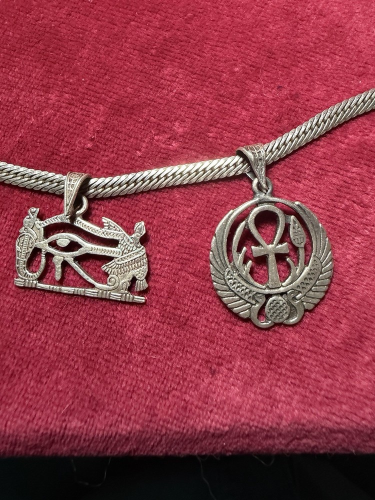 2 VTG 900 Silver Egyptian Pendants Eye of Horus & Ankh Ancient Egypt w/Necklace