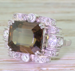 Perfect Emerald Cut 8.30 Carat Greenish Brown Sapphire & White CZ Vintage Ring