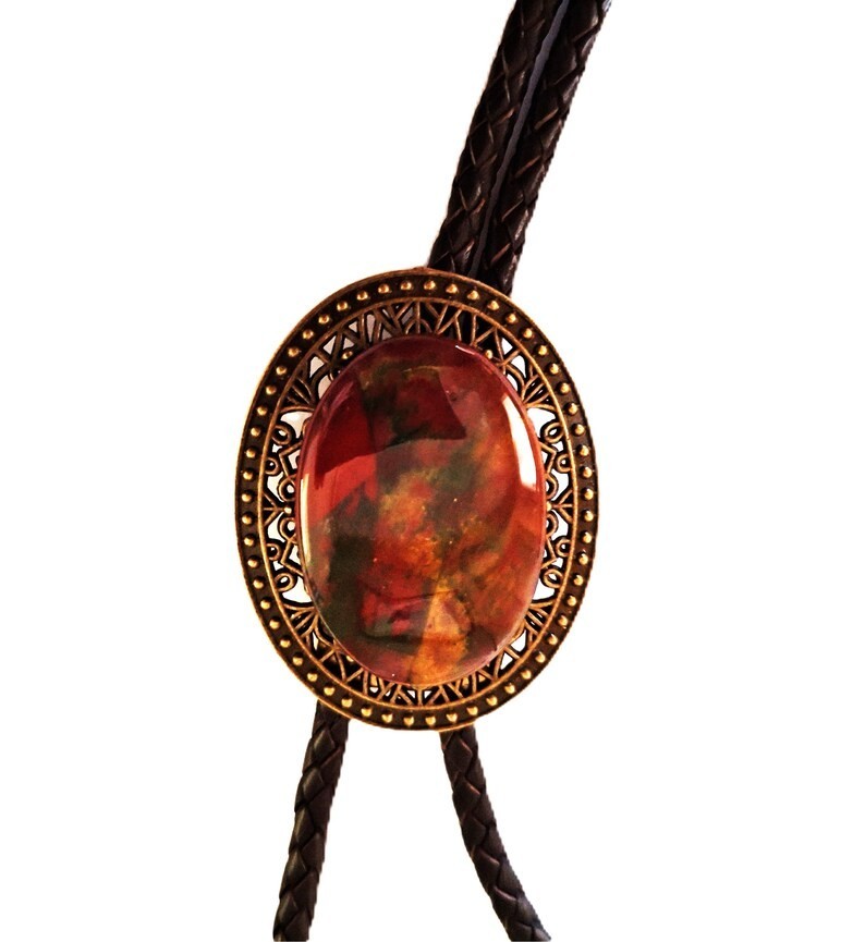 Gorgeous Bolo Bola Tie 40″ with Lg Bloodstone Cabochon on Bronze #10