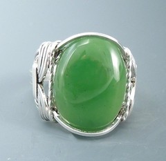 Sterling Silver Nephrite Jade Cabochon Wire Wrapped Ring