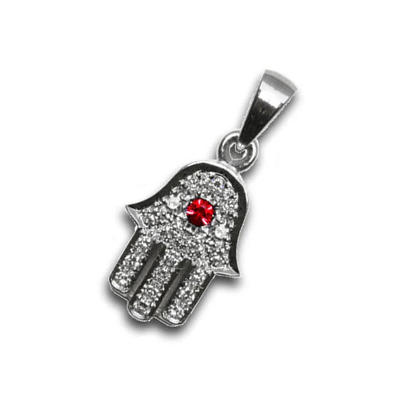 Hamsa Hand Pendant with Ruby and Diamond Encrusted 18k White Gold Jewish Jewelry
