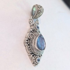 Sarda Sterling Silver 925 Ornate Blue Teardrop Artisan Filigree Pendant 12g