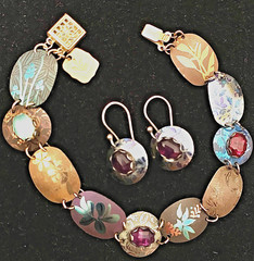 HOLLY YASHI Gemstone Bracelet Earring Set NIOBIUM Link AMETHYST GARNET 7.5