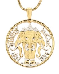 Thailand Elephant Pendant and Necklace, Hand Cut Thailand Coin, 1″ Dia.( # 897 )